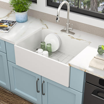 28"x20" White Farmhouse Sink - Flat Apron Farm house Front White Ceramic Porcelain Fireclay Deep Single Bowl Farm