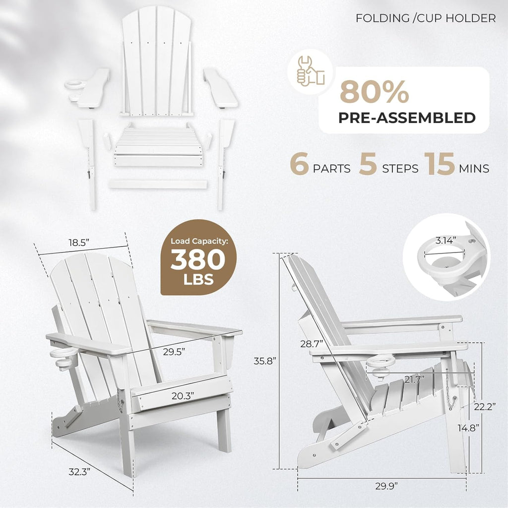 HDPE Adirondack Chair, Folding Outdoor Patio Chair with Cup Holder, Weather Resistant Wood Grain Lawn Chair for