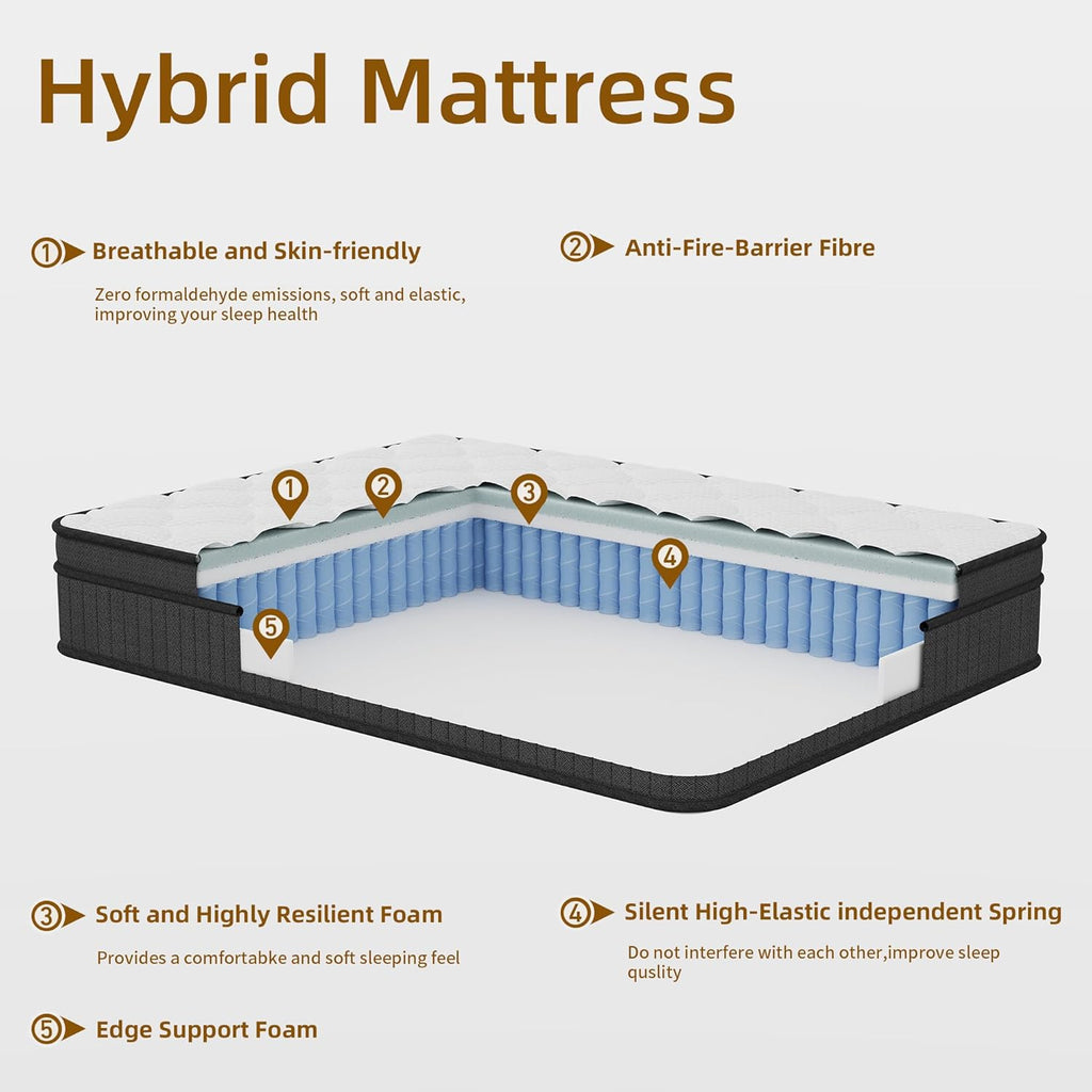 King Size 12 Inch Hybrid Mattress, Medium Firm Pocket Spring Mattress in a Box, Breathable Pressure Relief