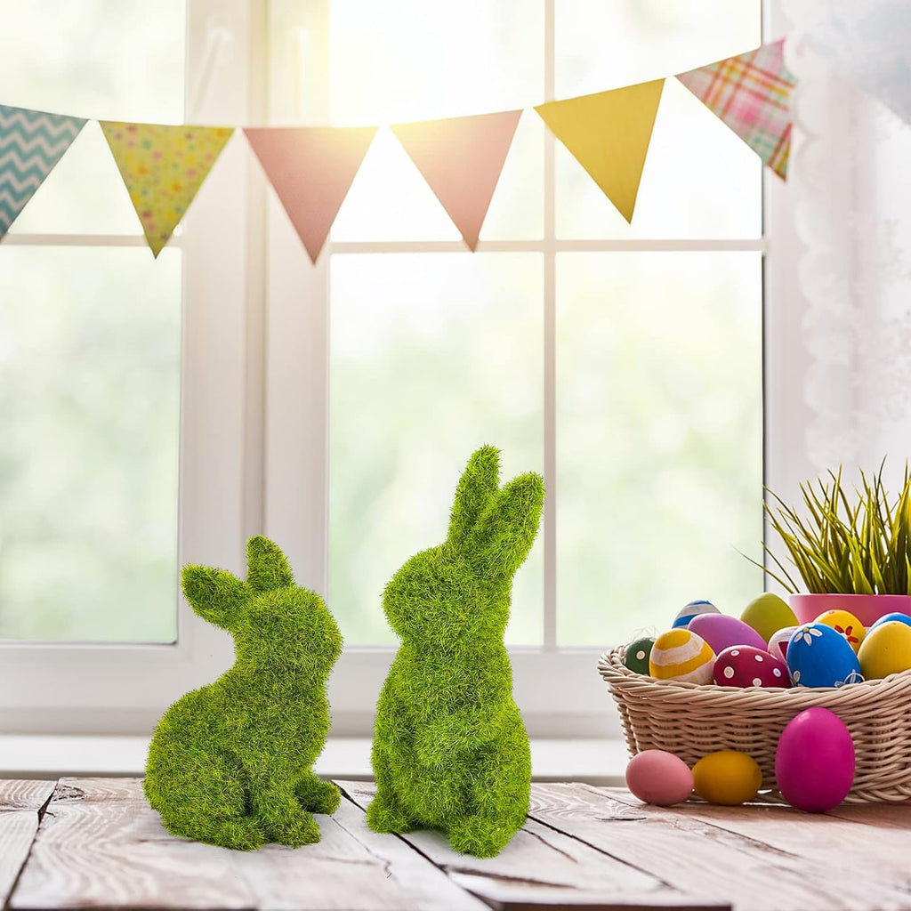 Easter Bunny Decorations,Resin Moss Bunny Figurine,Garden Artificial Moss Rabbit Easter Décor Easter Party Favors - Set of 2