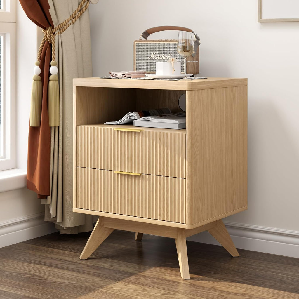 Fluted Nightstands Set of 2 with 2 Drawers, Natural Oak Bedside Table with Open Shelf, Modern End Table Set, Wood