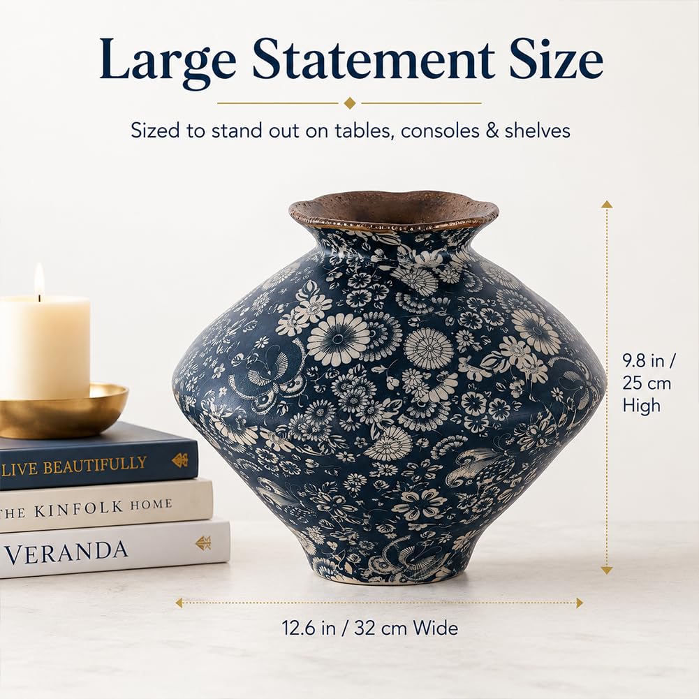 Large Wabi Sabi Blue and White Vintage Ceramic Vase, 9.8" Rustic Pottery Vase for Centerpieces, Chinoiserie