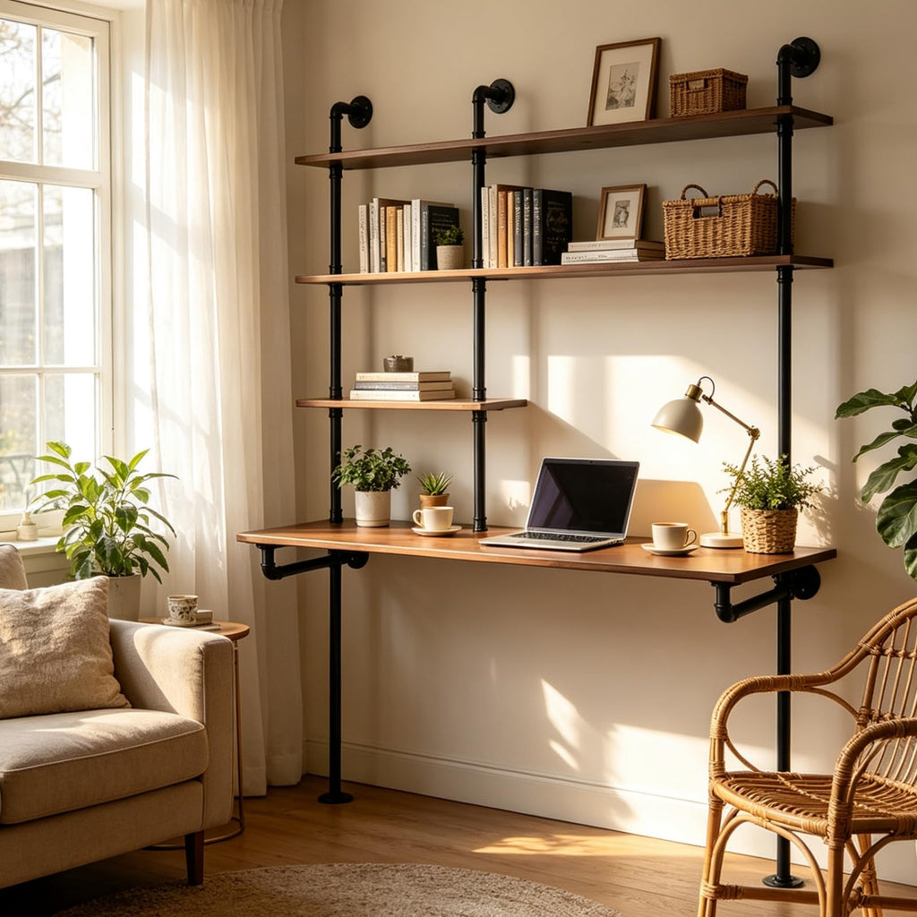 Industrial Pipe Desk Wall Mounted With Shelves, Computer Desk With Bookshelf