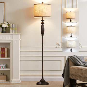 63.8" Vintage Floor Lamp, Rustic Standing Lamp with Linen Shade, Black