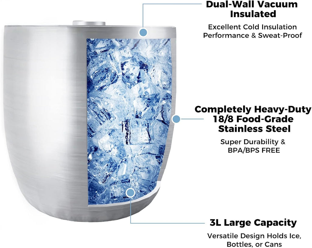 3L Double-Wall Vacuum Insulated Ice Bucket with Lid & Tong Stainless Steel Champagne Buckets for Cocktail Bar