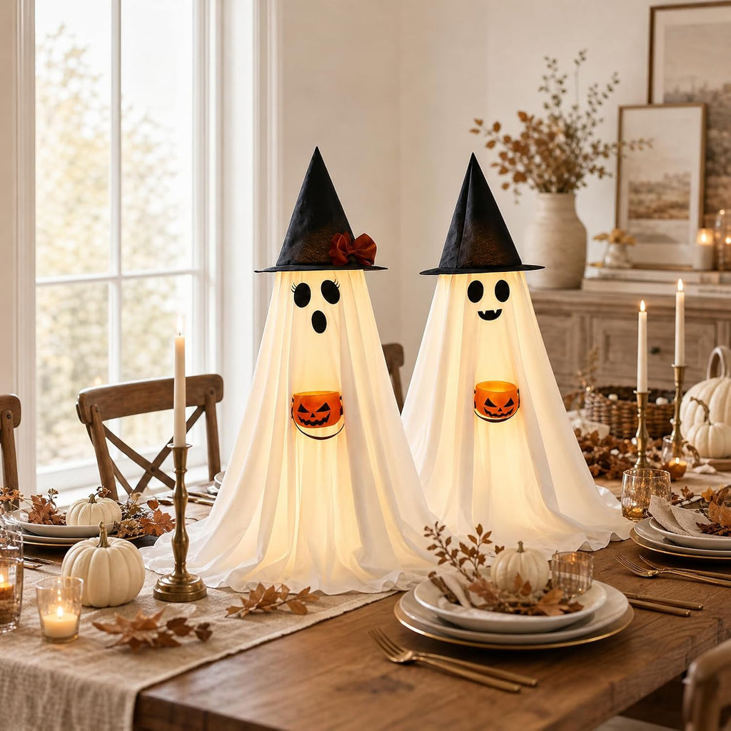 Halloween Decorations Indoor Lighted Ghost, 2 Pack Cute Light Up Ghosts - Set of 2