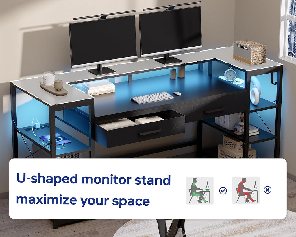 58 Inch Gaming Computer Desk with Monitor Stand Drawers and Shelves | Ample Storage, Large Table with LED Lights &