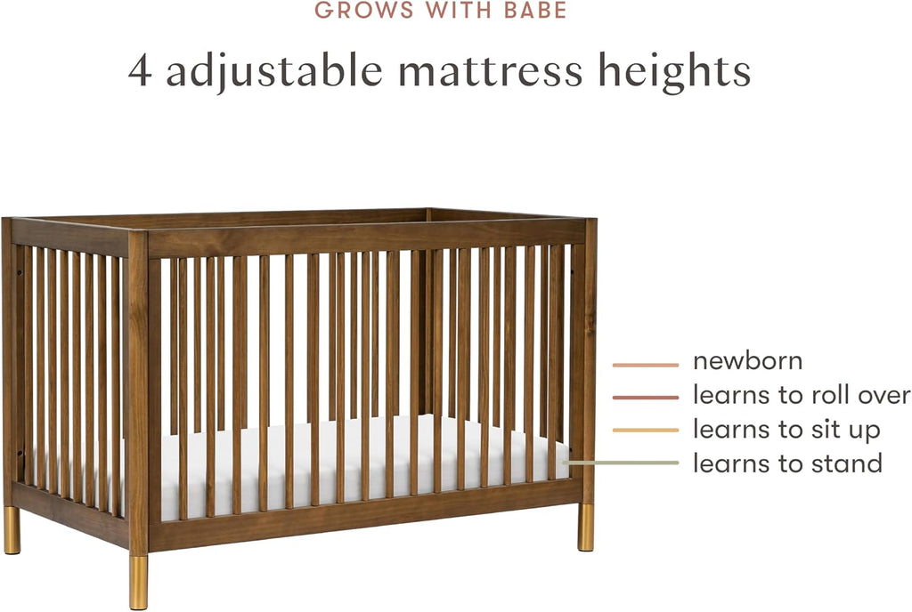 Gelato 4-in-1 Baby Crib, Natural Walnut & Brushed Gold Feet | GREENGUARD Gold Certified Convertible Crib - Converts