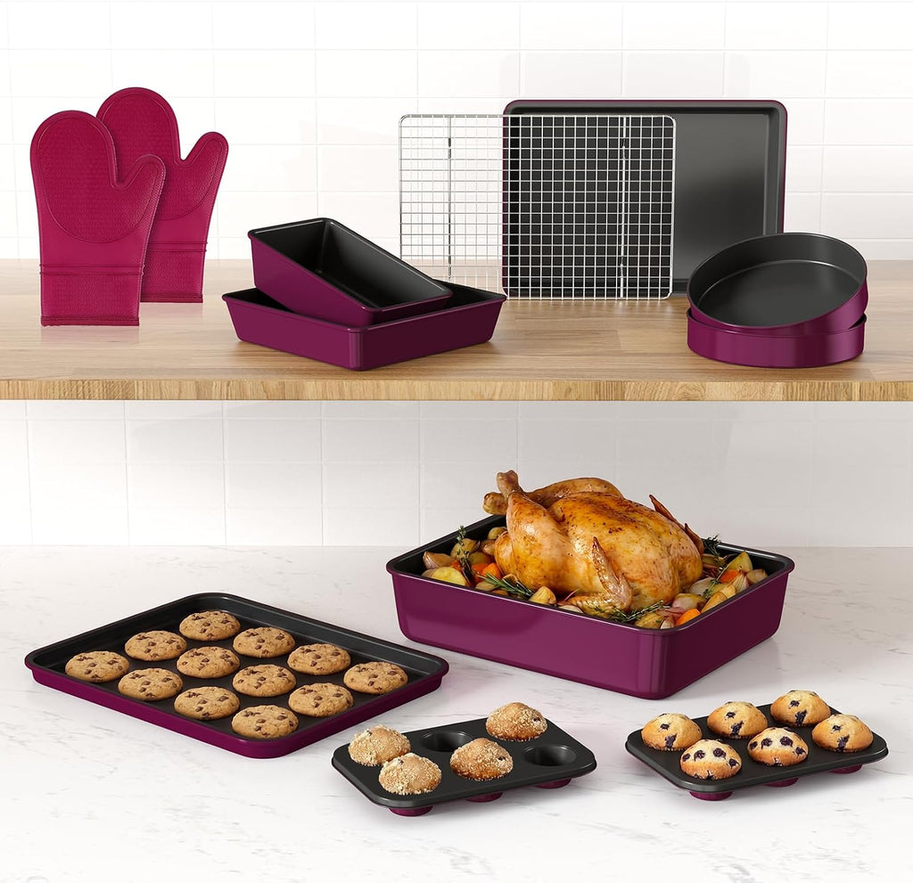 13-Piece Pans Set, Nonstick Bakeware Sets, Plum | Includes Cookie Sheet with Rack, Cake Pan, Loaf Pan, Roasting Pan