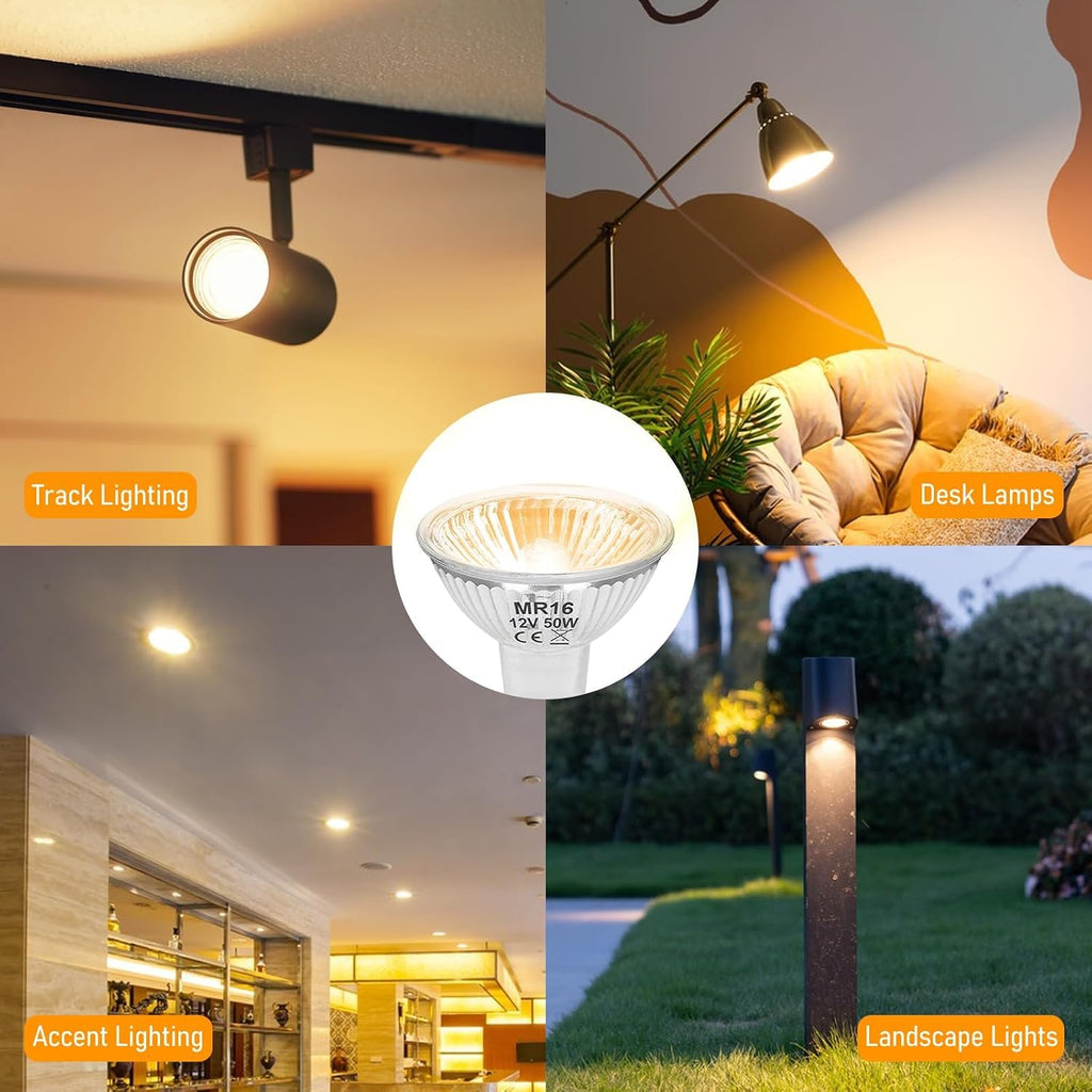 MR16 12V 50W Halogen Light Bulbs 2 Pin, 6 Pack MR16 Halogen Bulb 50W GU5.3 Base Dimmable Indoor Outdoor Flood Halogen