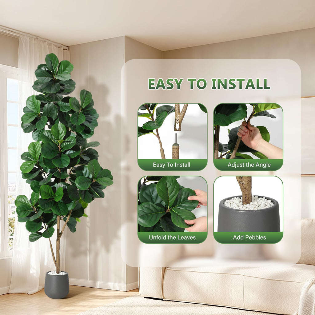 7 ft Fiddle Leaf Fig Tree Artificial with 141 Leaves - Realistic Faux Ficus Lyrata Trees in 9 in Grey Planter Pot