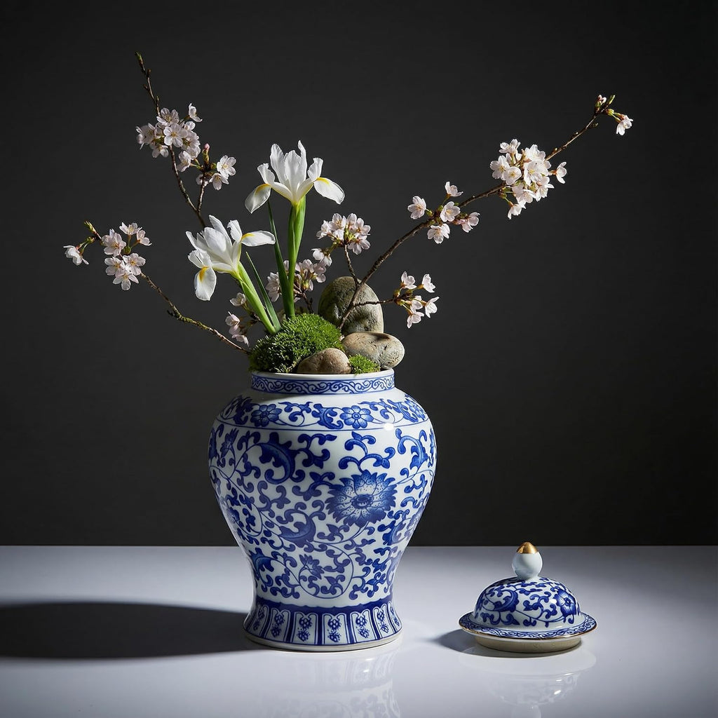 Blue and White Ginger Jar with Lid, 7.2 Inch Chinoiserie Porcelain Ginger Jars Airtight, Decorative Ceramic Tea Candy