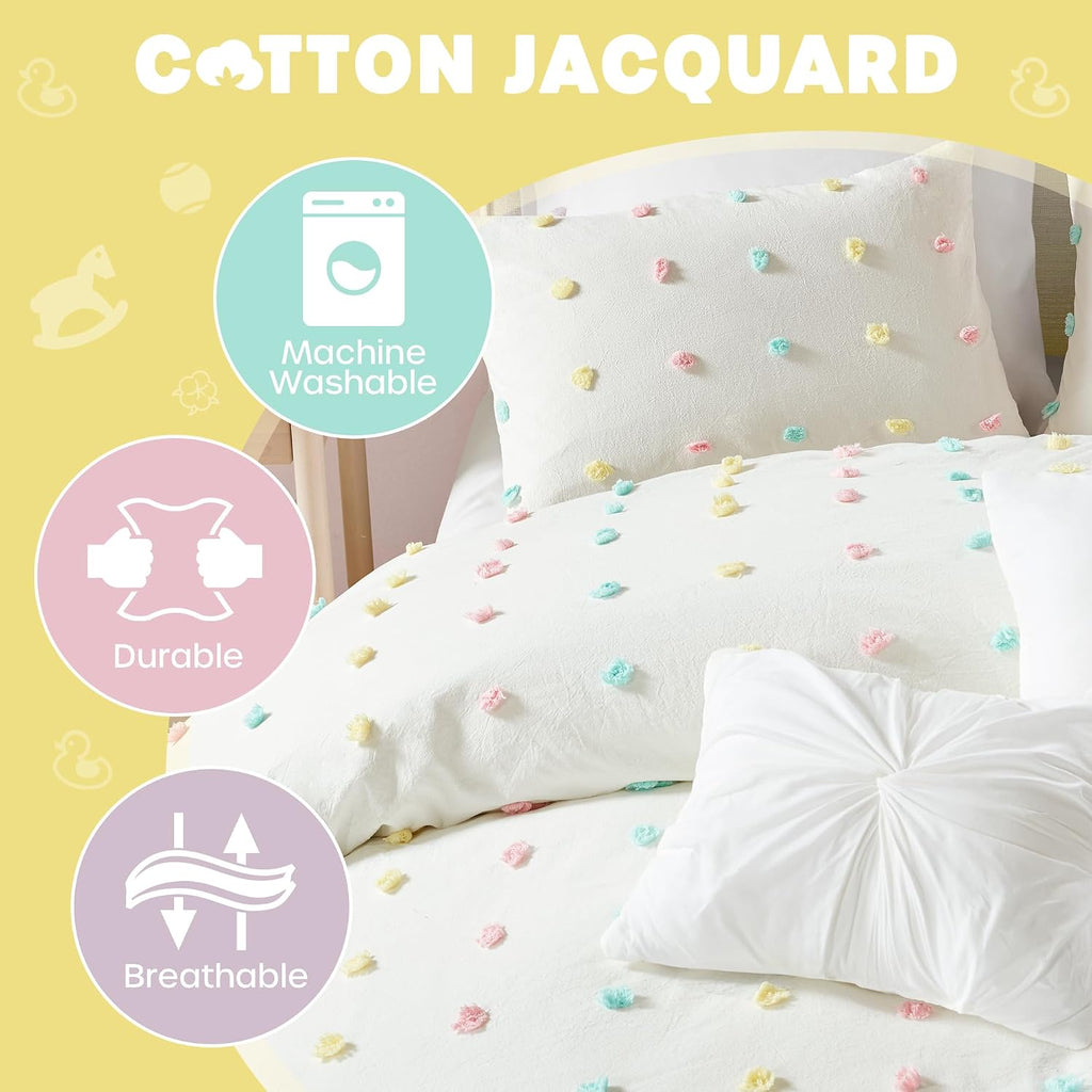 Girls Full/Queen Comforter Set, Ivory 5-Piece Kids Bedding, 100% Cotton Tufted Pom Pom Tufted Jacquard, All