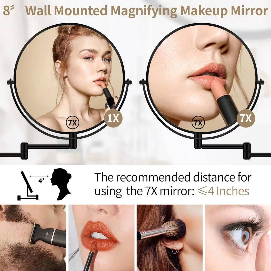 8" Wall Mounted Magnifying Makeup Mirror 1X/7X Wall Mount Mirror Swing Arm Two-Sided 360° Swivel Bathroom Shaving