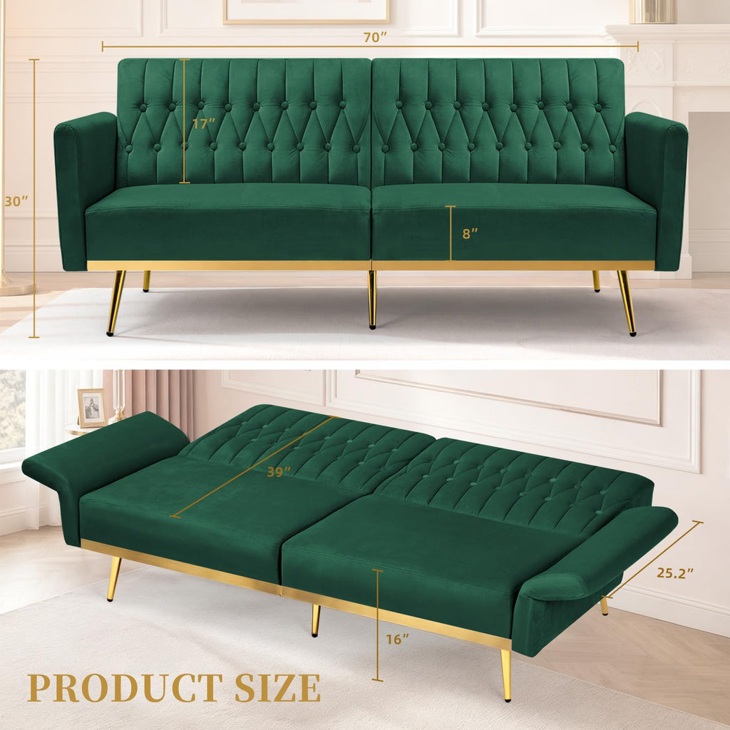 70" Futon Sofa Bed w/Adjustable Armrests, Green
