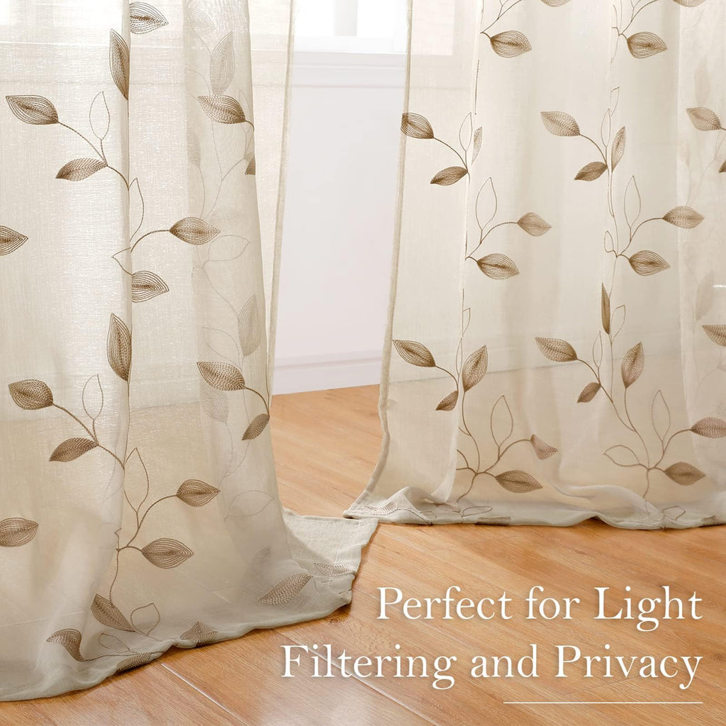 Taupe Sheer Curtains Leaf Embroidered, 52x84 Inch, 2 Panels