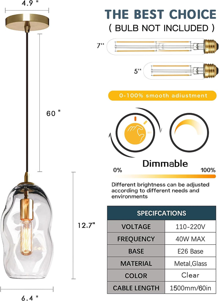 Modern Pendant Lights Kitchen Island Large Gold Hanging Light Fixtures for Dining Table Blown Art Glass Clear Organic