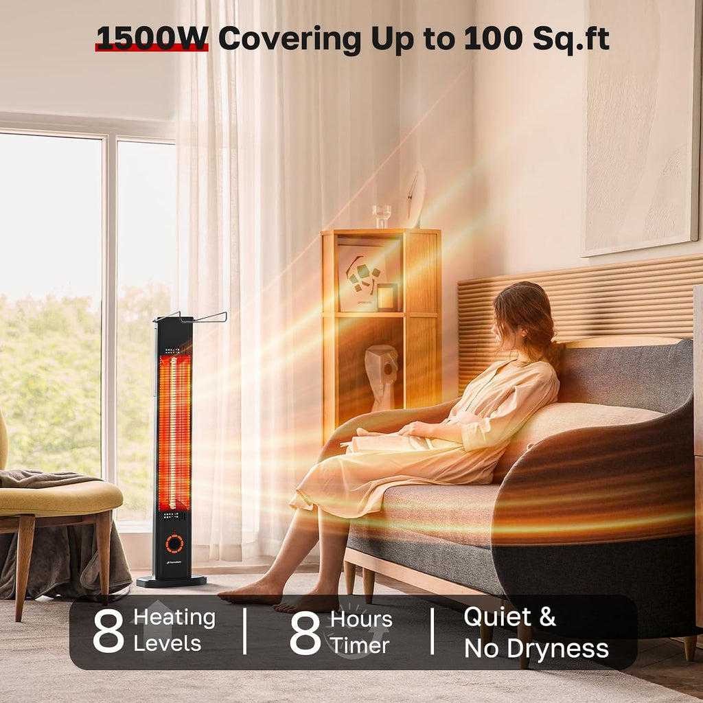 1500W Electric Patio Heater - Carbon Fiber Infrared Tower Heater for Outdoor Use - IP65 Waterproof, 2-in-1