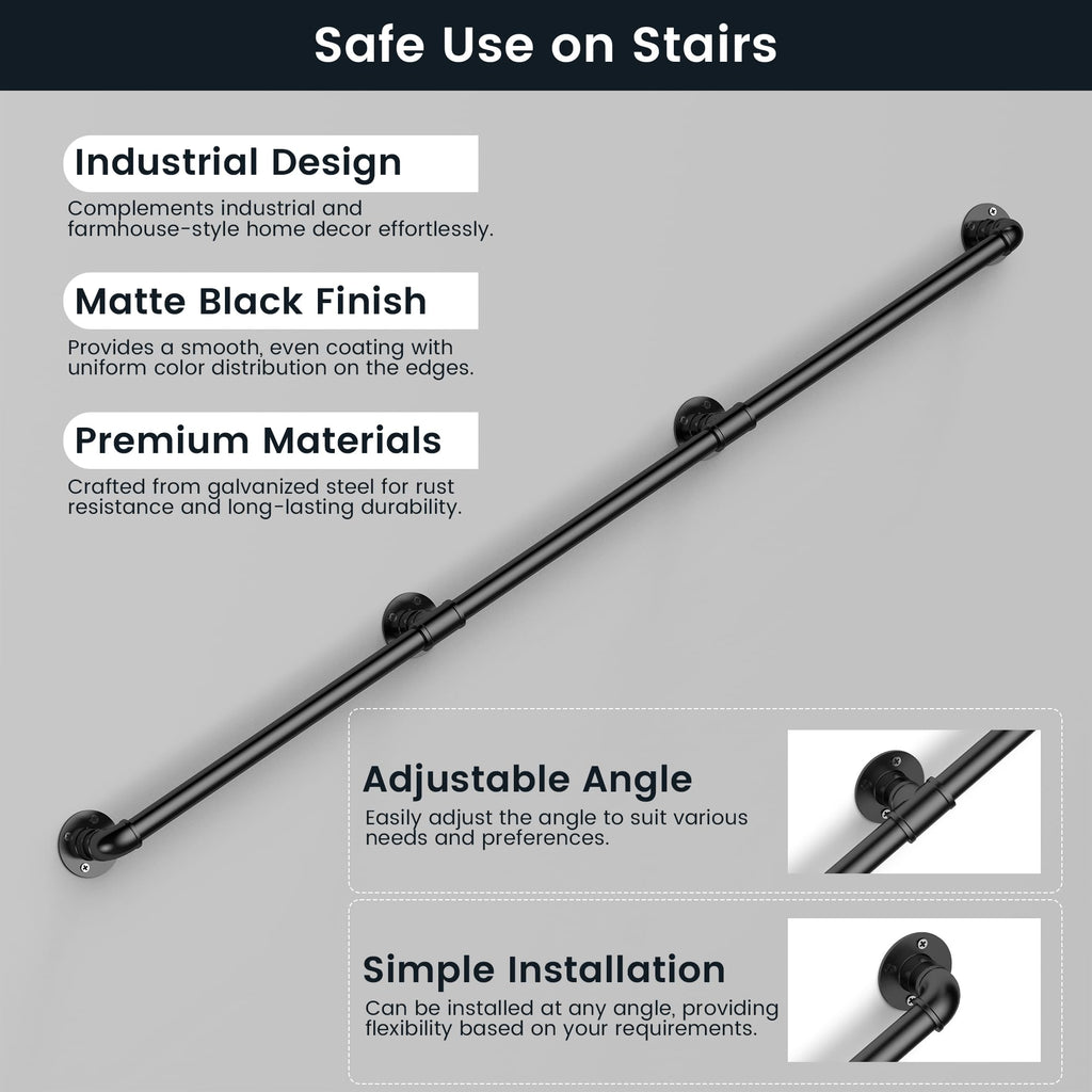 Industrial Pipe Stair Handrail, Wall-Mounted Metal Hand Rail for Indoor & Outdoor Steps, Black Galvanized Iron