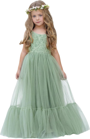 Flower Girl Dress Lace/Tulle Boho Toddler Dresses Ruffle Girl Dress for Wedding Garden Party Communion Beach