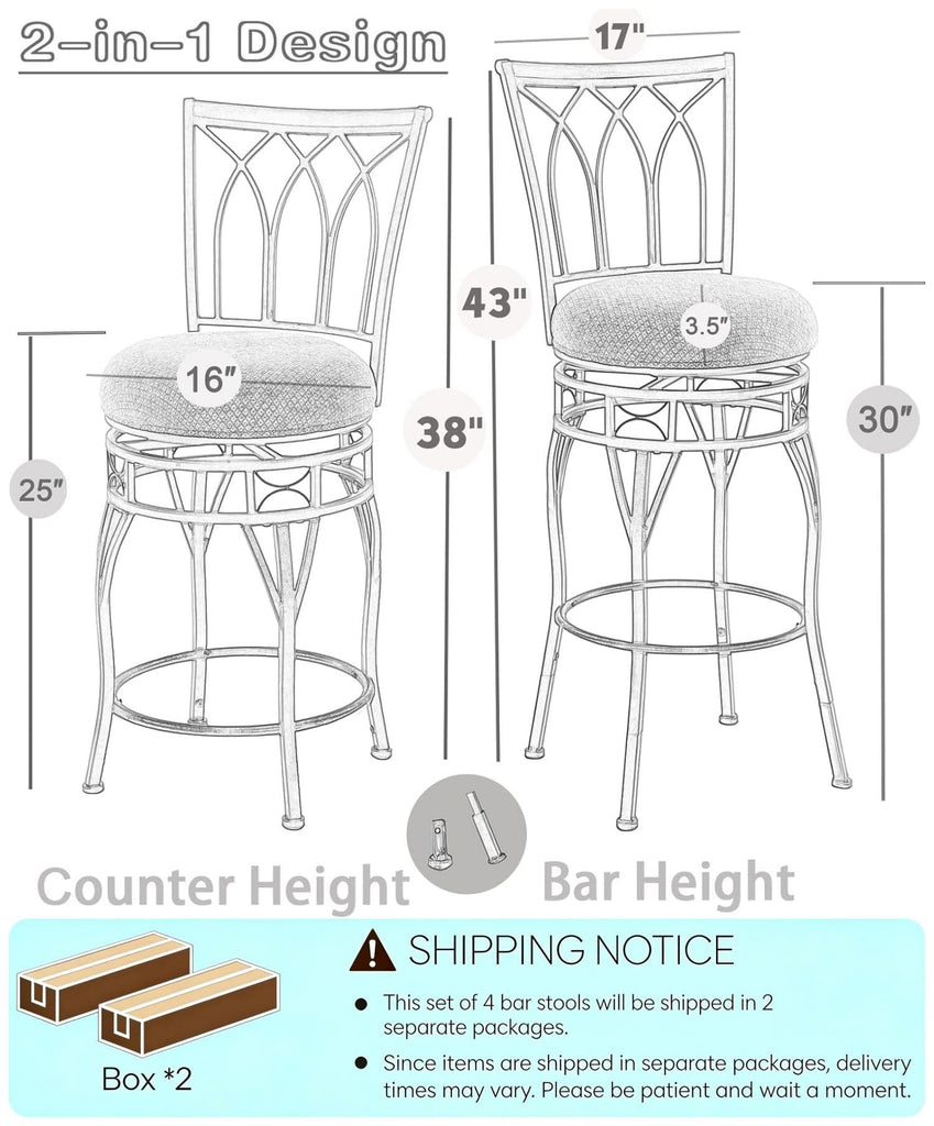 Farmhouse Swivel Bar Stools with Backs Set of 4, Adjustable 25"/30" Industrial Counter & Bar Chairs with Brown PU