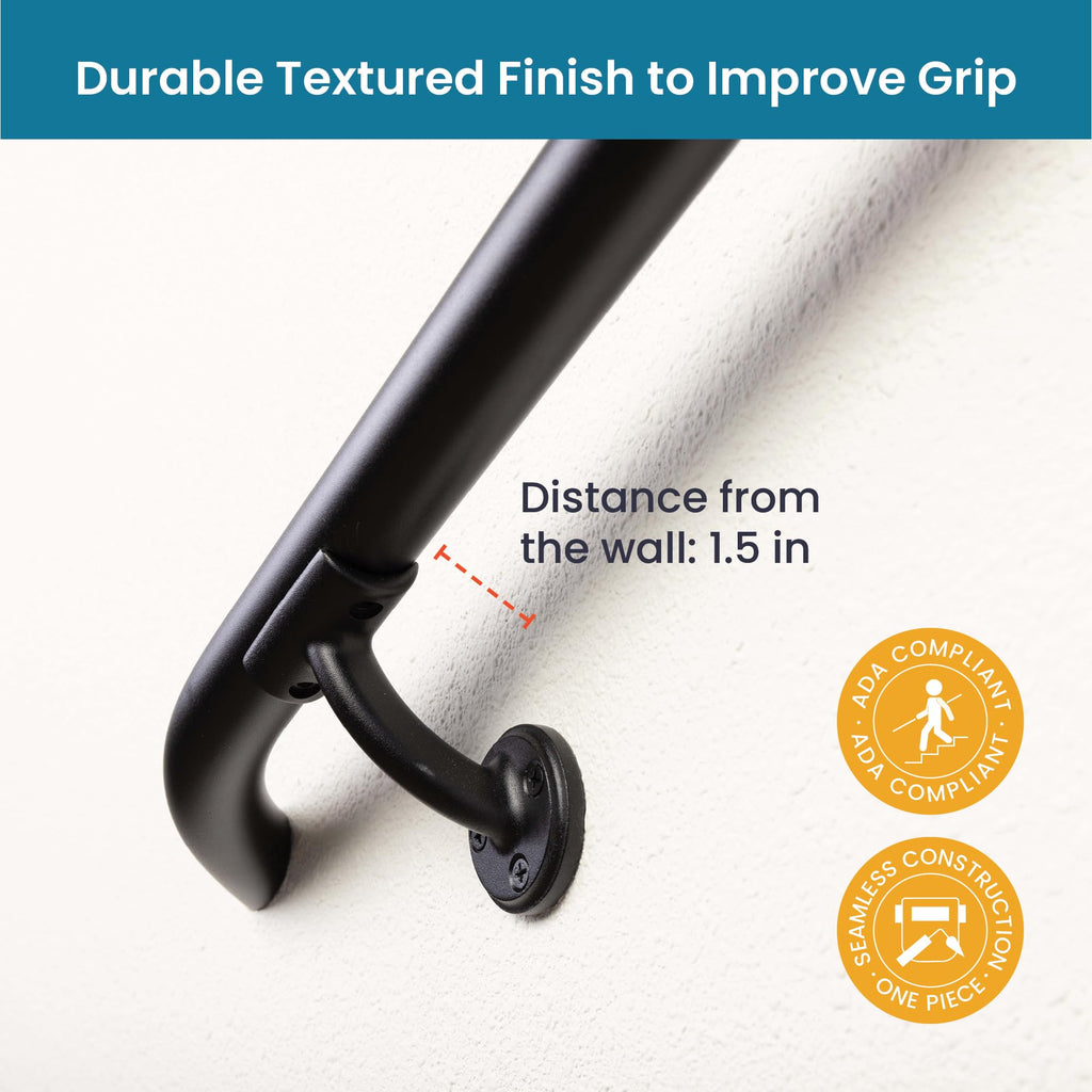 Complete Aluminum Handrail KIT for Indoor/Outdoor-Stylish Round Shape with Curved Ends. Includes Wall Mounts