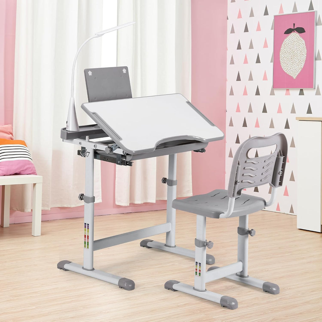 Kids Study Desk and Chair Set, Height Adjustable Children's Desk with LED Lamp, Tilting Desktop, Pull-Out Drawer