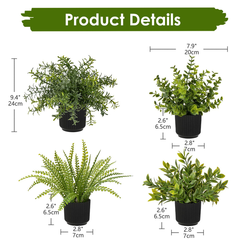 4 Pack Artificial Potted Plants Eucalyptus Rosemary Boston Fern ZZ Plant Fake Plant in Black Pot Small Faux Plant
