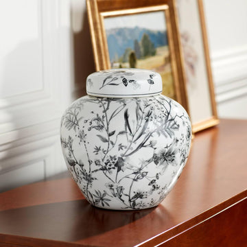 Prentiss 9" High Black and White Cottage Core Ceramic Ginger Jar with Lid