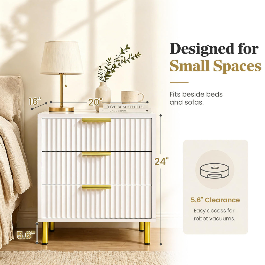 White and Gold 3-Piece Fluted Dresser and Nightstand Set