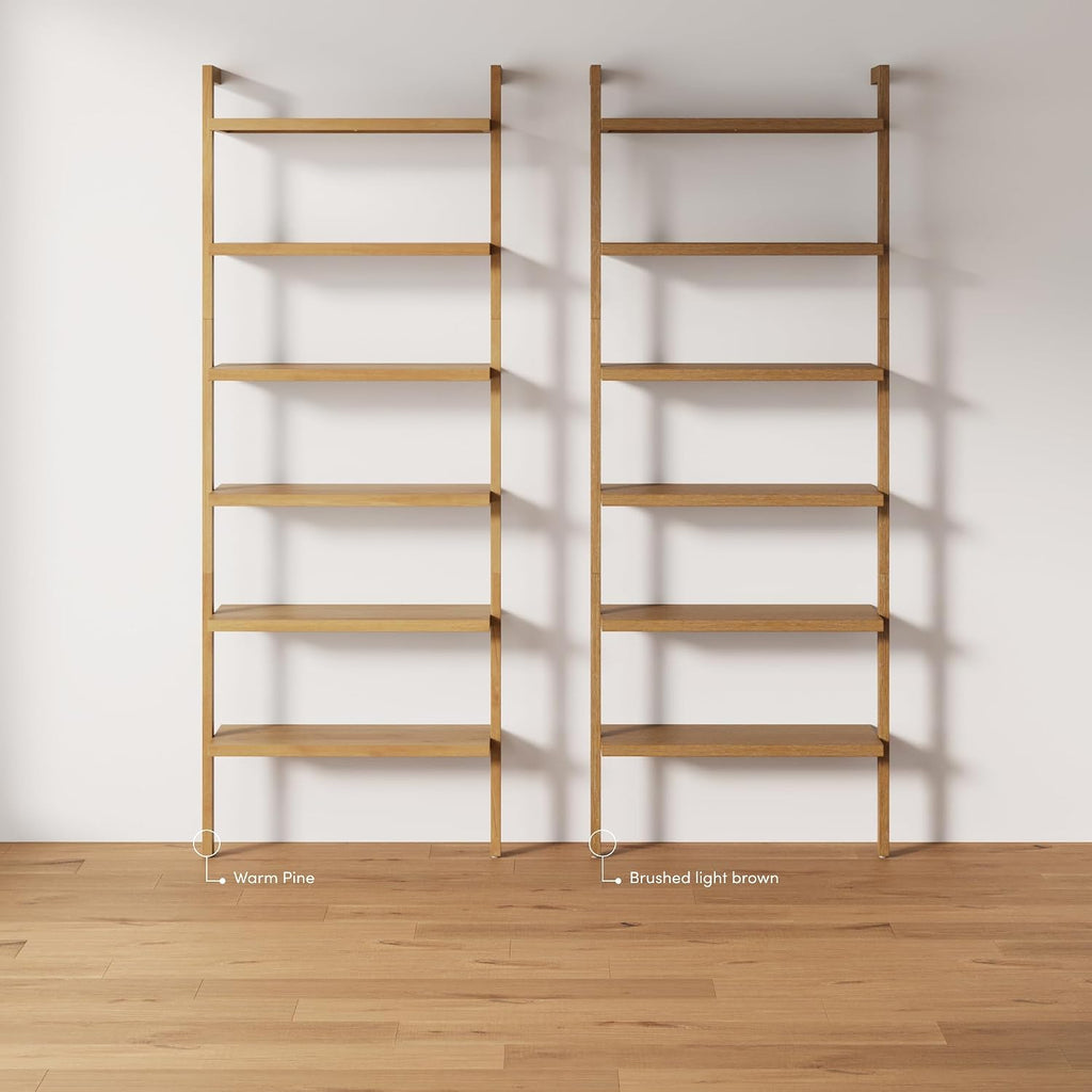 Beacon Scandinavian 6-Shelf Wooden Wall Mounted Bookcase, Rustic Solid Wood Bookshelf, Warm Pine