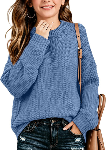 Knit Sweater Long Sleeve Crewneck Solid Soft Loose Pullover for Tween Warm Casual Fall Winter School Top