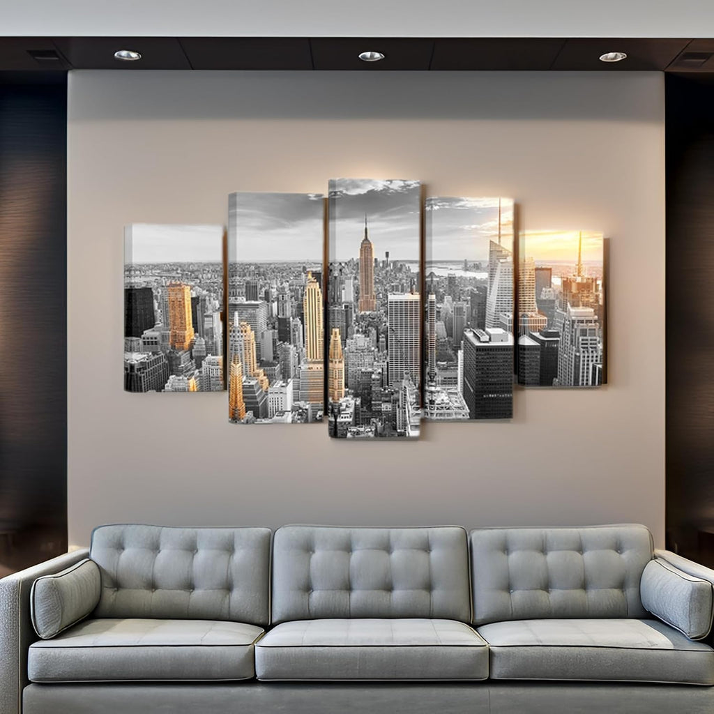 Large Size 5 Pcs New York Skyline Wall Art Canvas City in Sunrise Painting Pictures Modern Cityscape Artwork Office
