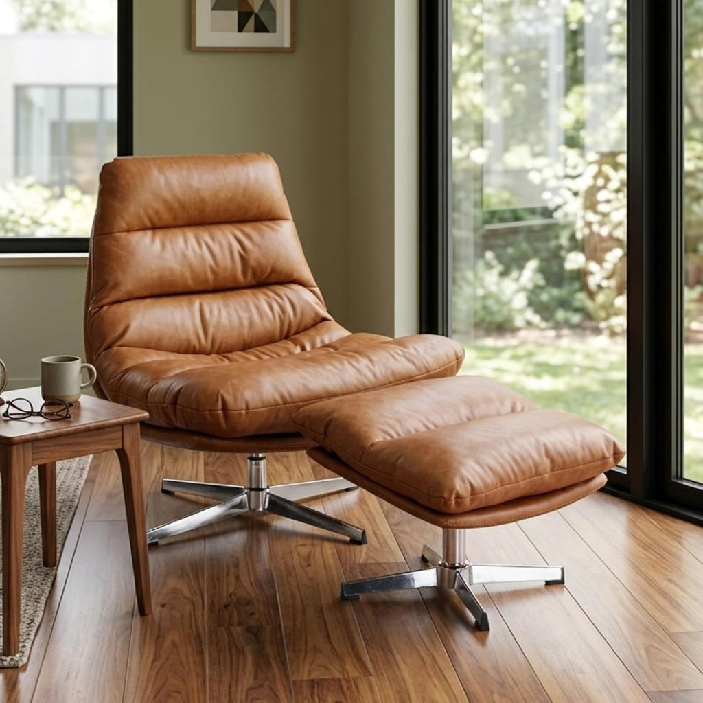 Swivel Accent Chair with Ottoman, Mid Century Modern Faux Leather Lounge Chair with footrest, Comfy Oversized