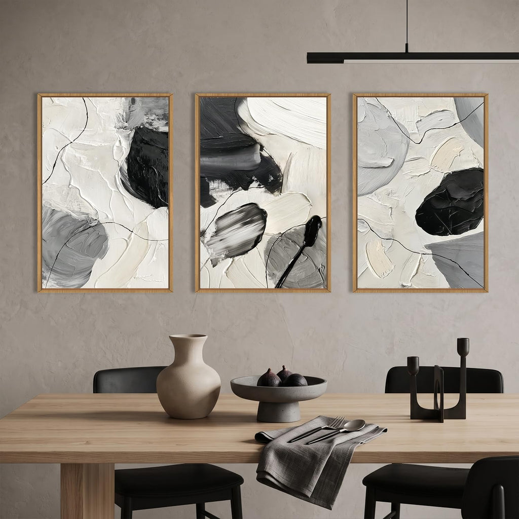 Large Abstract Black White Framed Canvas Wall Art Set-16"x24"x3