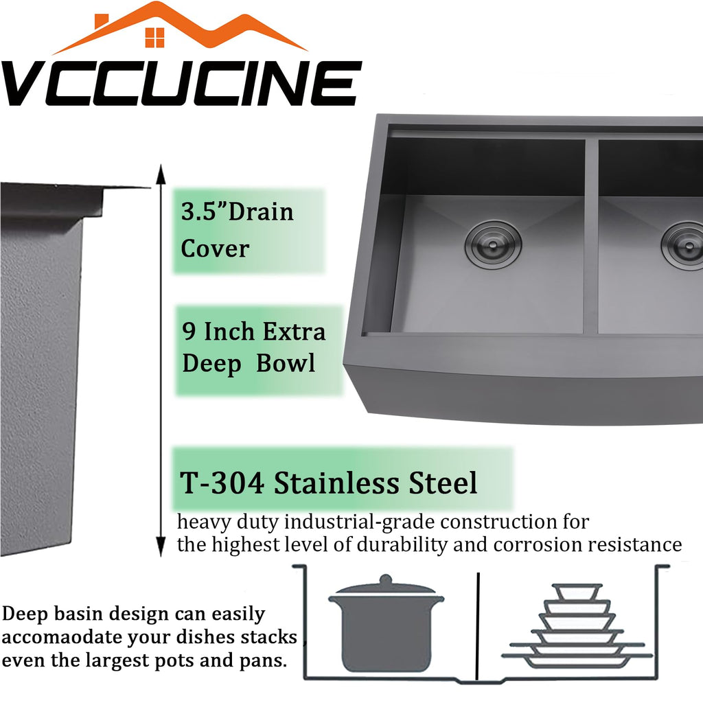 33x22 Inch Gunmetal Black Double Farmhouse Sink, 16 Gauge 50/50 Double Bowl Farmhouse Kitchen Sink, Stainless Steel