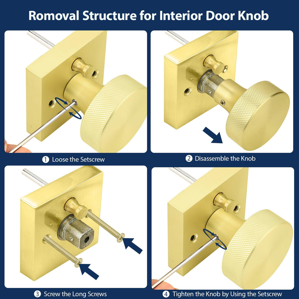Gold Privacy Door Knobs Interior, Zinc Alloy Keyless Brushed Gold Door Knobs with Lock , Knurled Heavy Duty Brushed