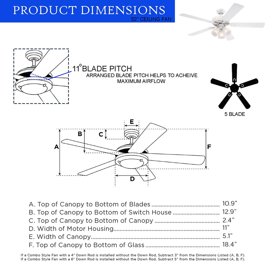 Lighting 52 Inch Vintage Indoor Ceiling Fan with Dimmable LED Light Fixture and Frosted Ribbed Glass in White Finish