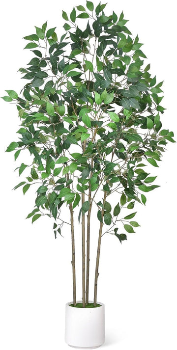 Ficus Tree Artificial 6 FT Tall Faux Plants Indoor Fake Tree with White Tall Planter, Artificial Plants Indoor Faux