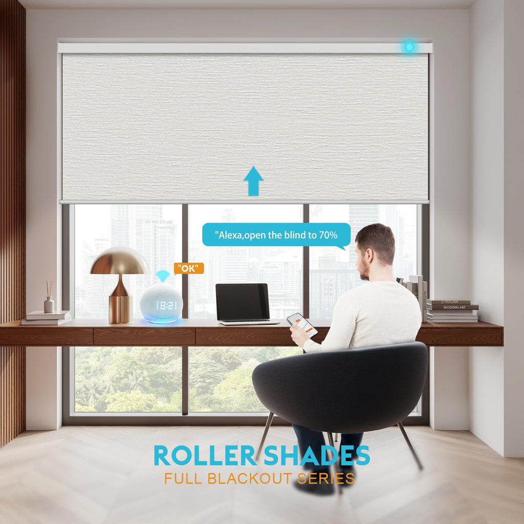 Custom Motorized Blinds, 100% Blackout Smart Roller Shades for Windows, Automatic Electric Blinds with Remote