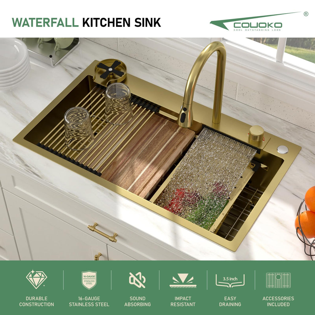 33 Gold Drop In Workstation Waterfall Kitchen Sink with Accessories