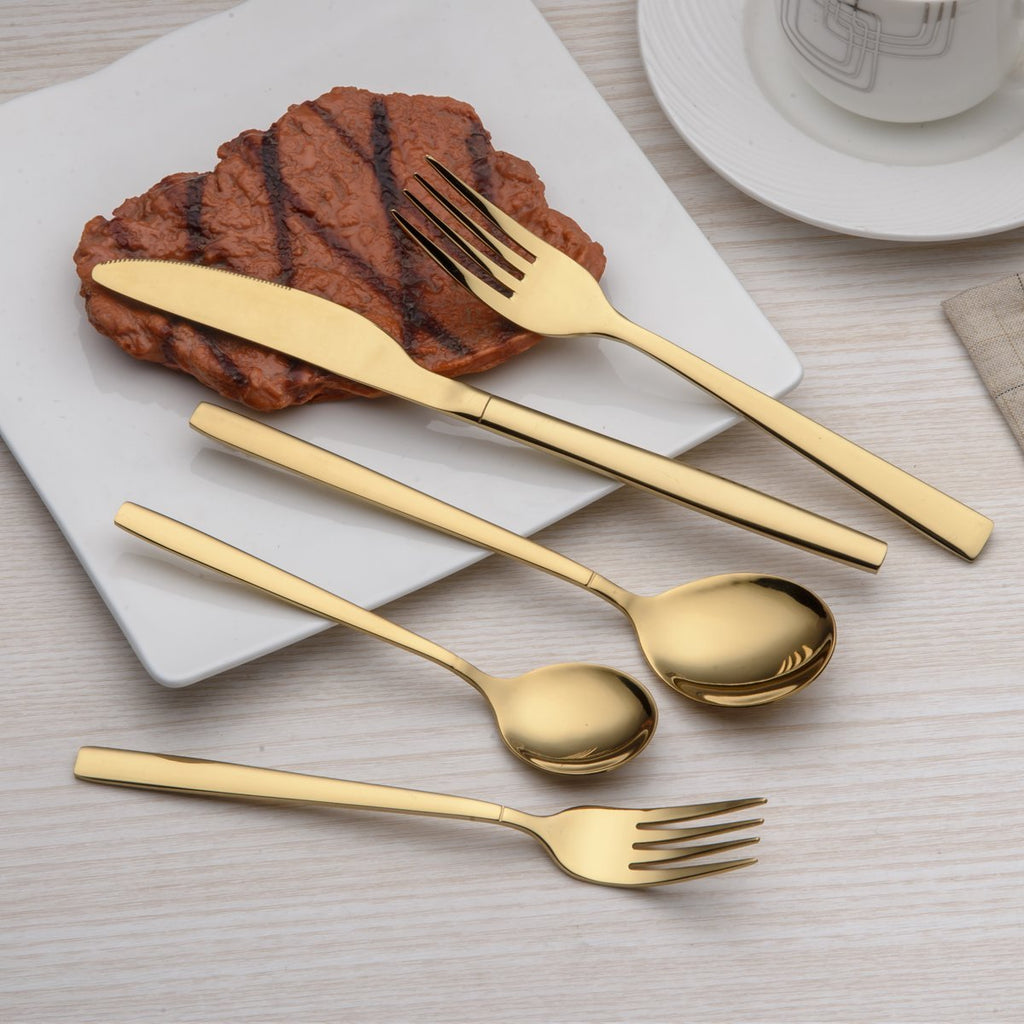 20 Piece Titanium Gold Plated Stainless Steel Flatware Set, 20 Pieces Golden Silverware Set, Golden Cutlery Set