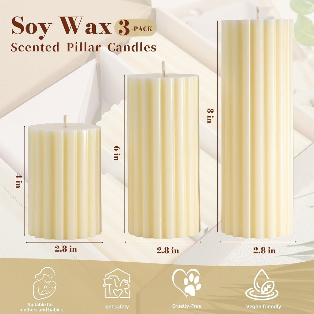 Ribbed Soy Pillar Candles,Cashmere Amber Scented - Set of 3