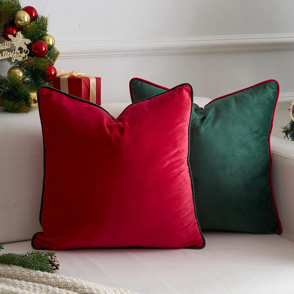 Christmas Dark Green Velvet Throw Pillow Covers Modern Minimalist Style Solid Decorative Red Rope Edging - Set of 2