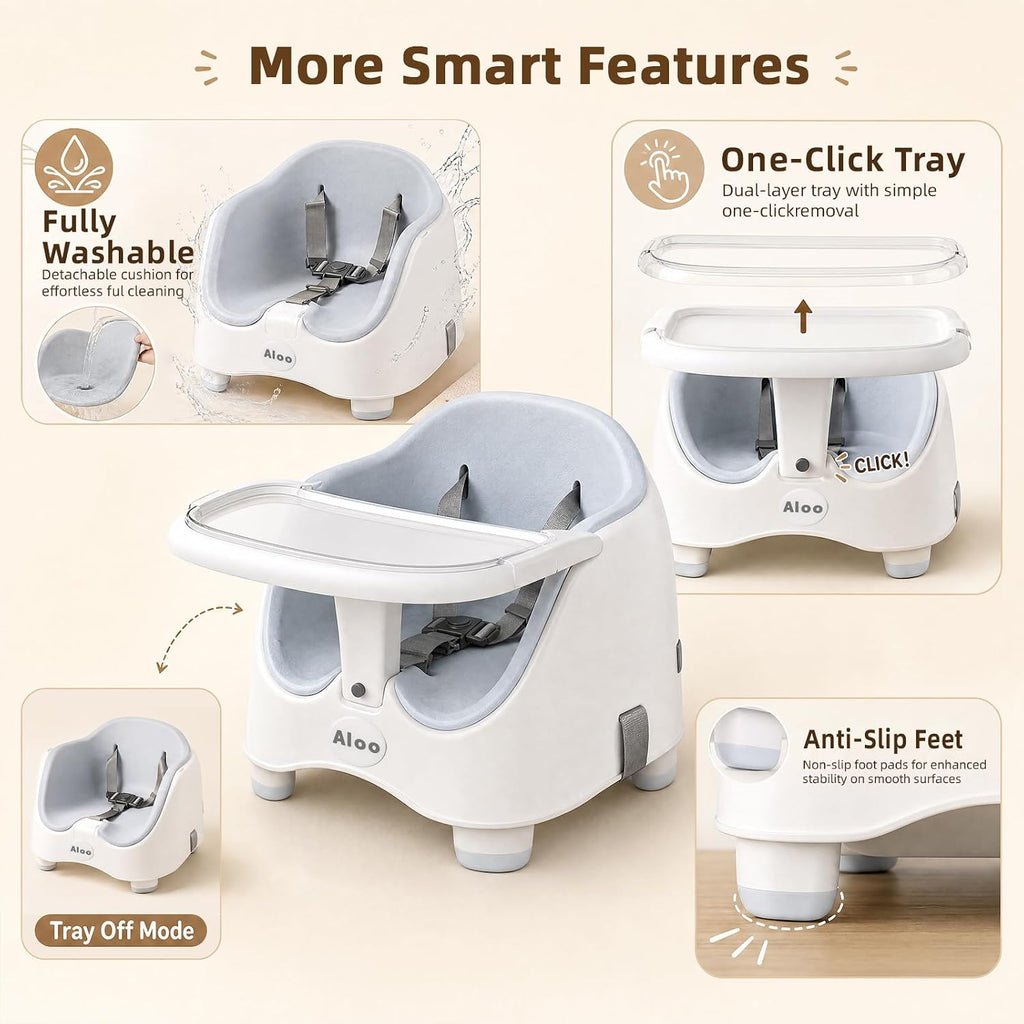 2-in-1 Baby Booster Seat Chair or Floor, Portable Toddler Booster Chair with Removable Double-Layer Tray, Washable PU