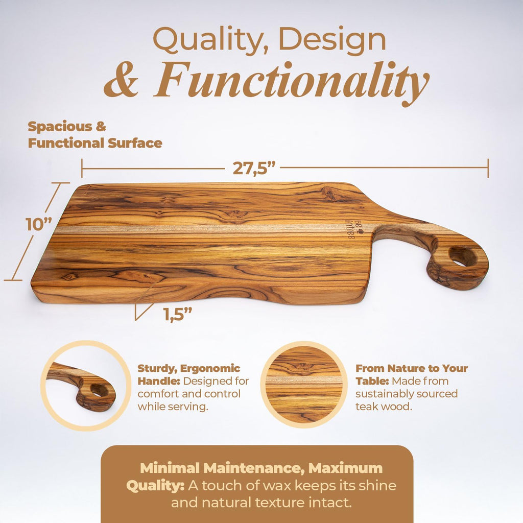 Premium Large Serving Board - Teak Charcuterie Board with Handle for Cheese, Appetizers & Food Presentation