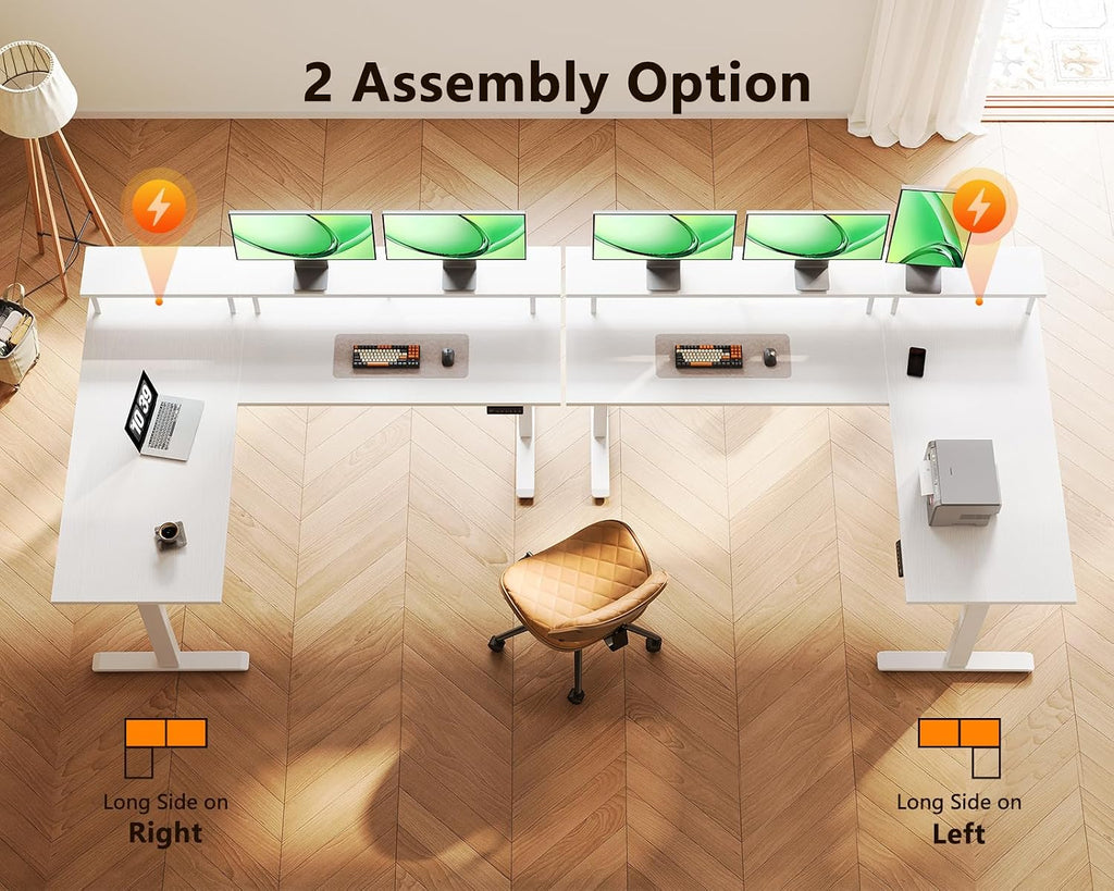 59 Inch L Shaped Electric Standing Desk, Single Monitor Stand, White | Reversible L Shaped Desk With 3 Memory