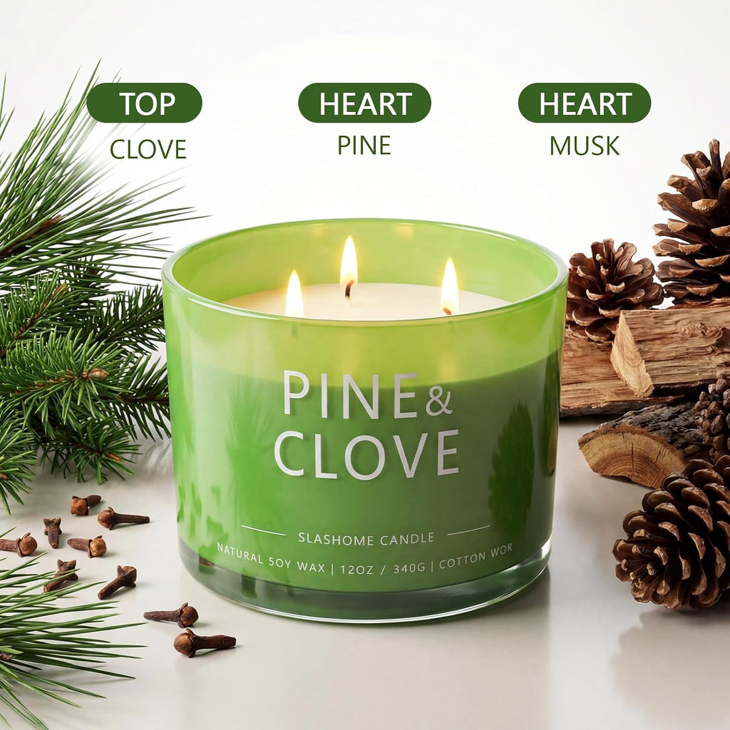Pine & Clove Scented Candle, Luxury Large 3 Wick Soy Candle 12 Oz, 60+ Hour Long Lasting Clean Burn, Elegant