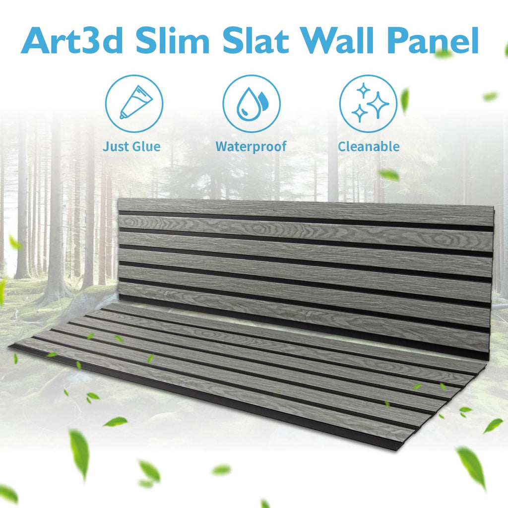 Six-Grid Design Slim Slat Wall Panel, 104 x 12 Inch, 4-Pack, Ash