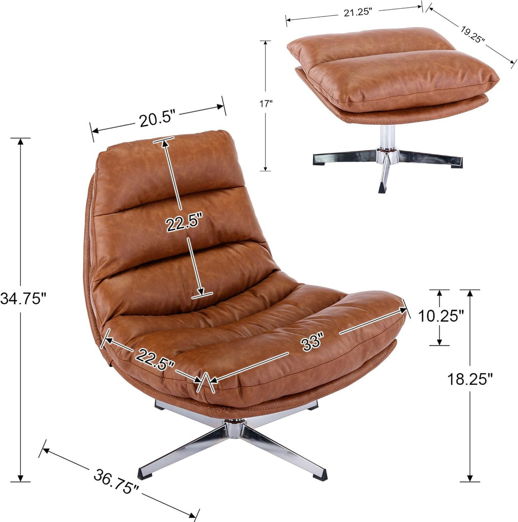 Swivel Accent Chair with Ottoman, Mid Century Modern Faux Leather Lounge Chair with footrest, Comfy Oversized